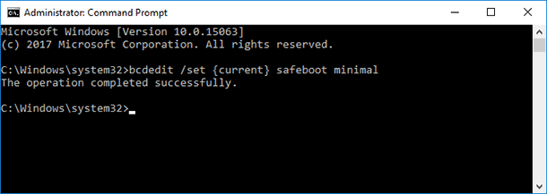 Type in the command prompt: “bcdedit /set {current} safeboot minimal” and press Enter.