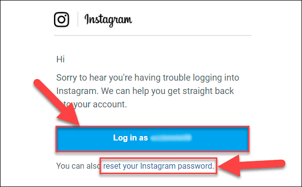 В полученном сообщении службы безопасности социальной сети «Instagram» нажмите на кнопку «Log in as имя пользователя».