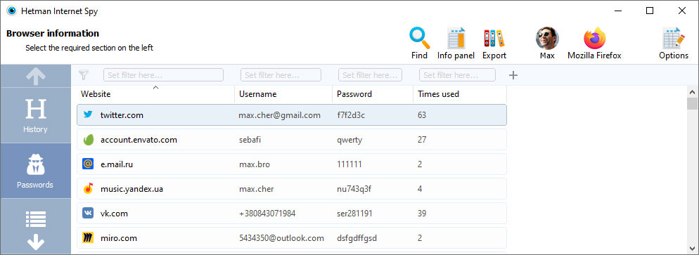 Shows saved passwords and entered addresses