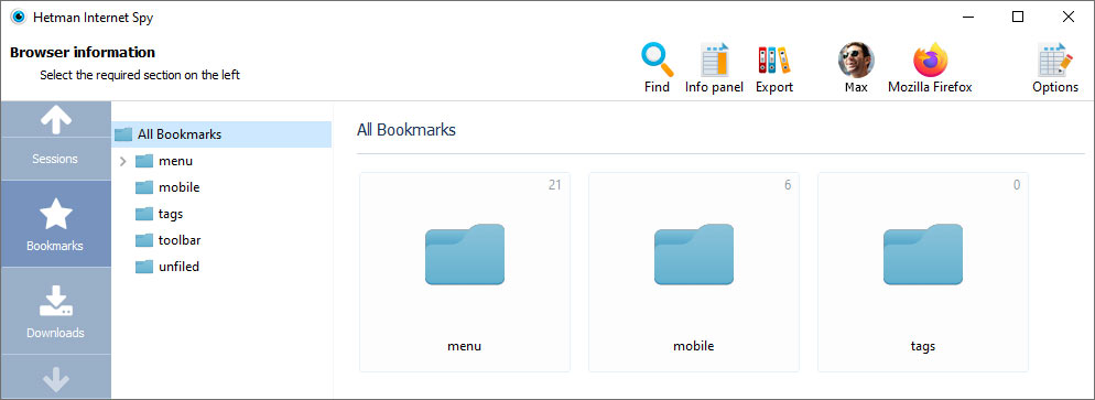 Shows created bookmarks and downloads
