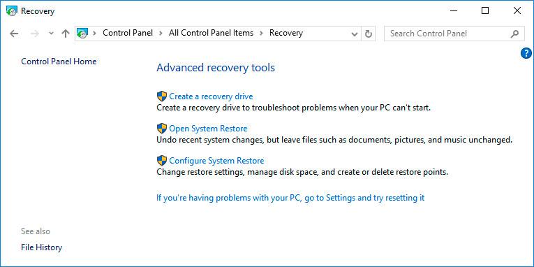 Configure System Restore Windows 10