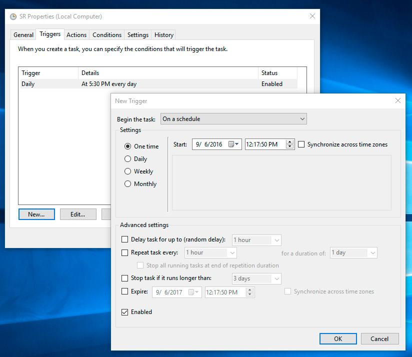 Parameters time recovery point creation Windows 10