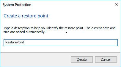 Create a restore point Windows 10