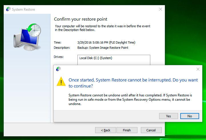 Confirm restore Windows 10 from System Restore Point