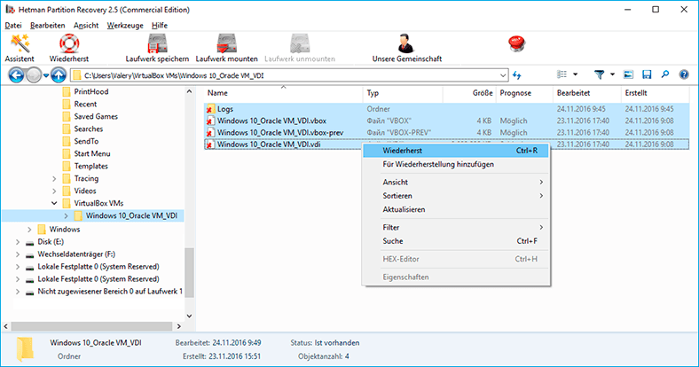 Hetman Partition Recovery. Go to the folder where the virtual machine was deleted from