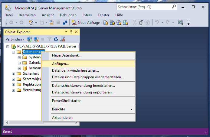 Microsoft SQL Server Management Studio. «Verbinden…»