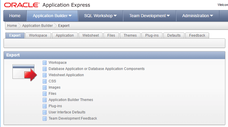 Oracle Application Express. Specify the export type