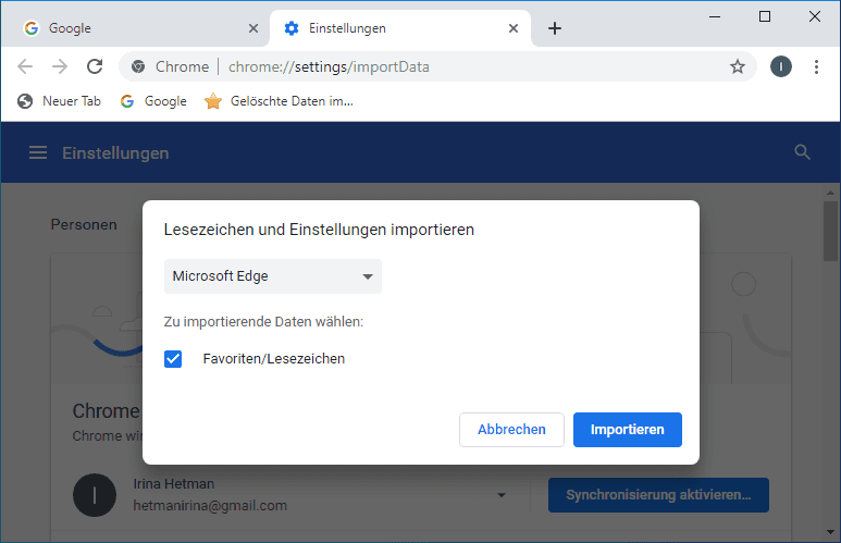 Google Chrome. Datei auswählen