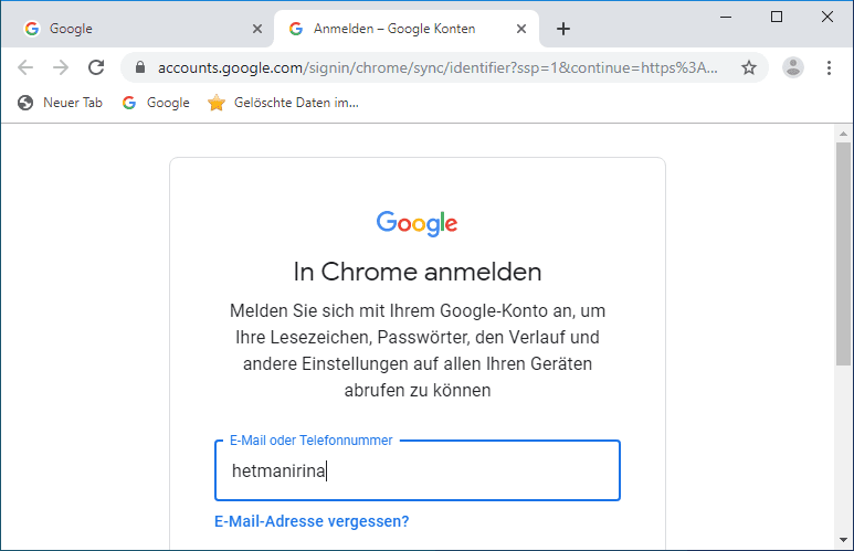Google Chrome. Konto anmelden