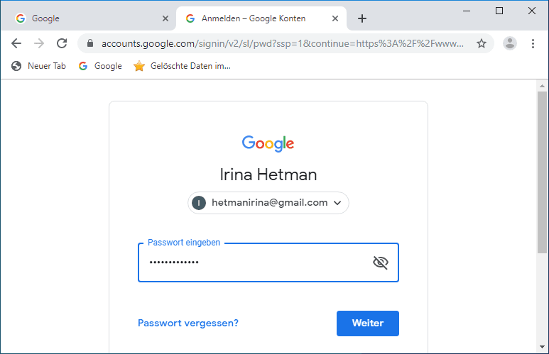 Google Chrome. Geben Sie nun das Passwort ein