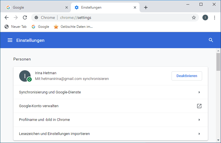 Google Chrome. Schaltfläche «Deaktivieren»