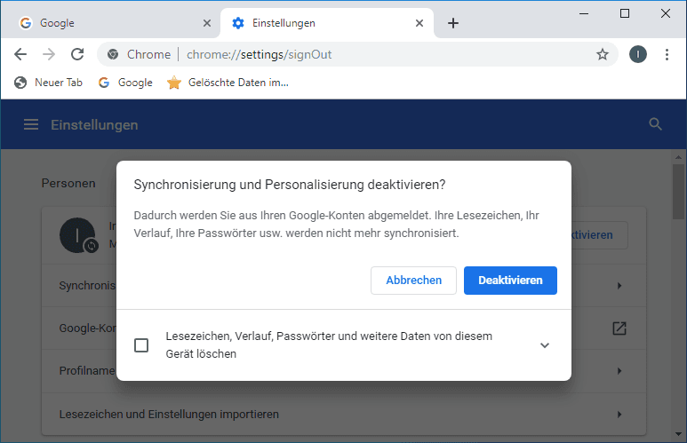 Google Chrome. Bestätigen Sie Ihre Zustimmung zum Deaktivieren der Synchronisierung