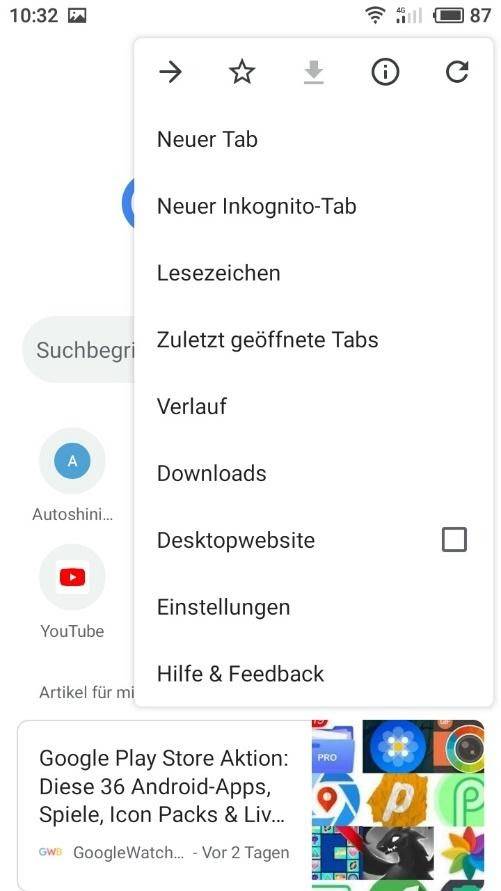 Google Chrome App. Einstellungen