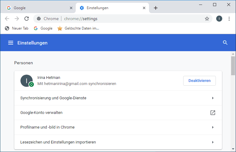 Google Chrome. Google Services Sync