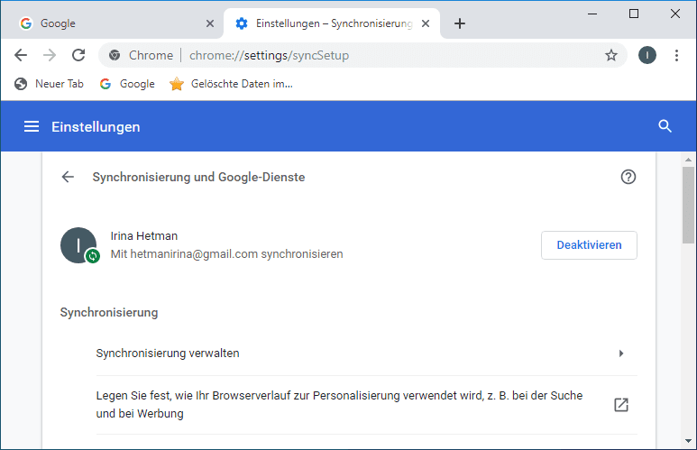 Google Chrome. Synchronisierungseinstellungen