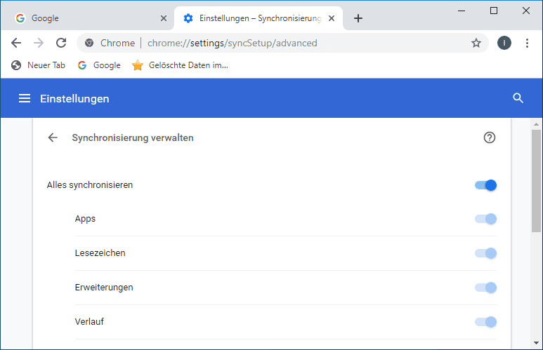 Google Chrome. Alle synchronisieren
