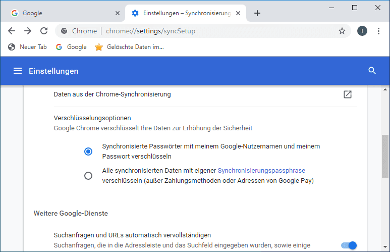 Google Chrome. Synchronisierte Passwörter mit einem Google- Nutzernamen und meinem Passwort verschlüsseln