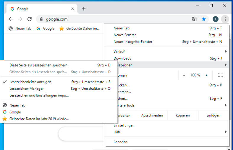 Google Chrome. Lesezeichen-Manager