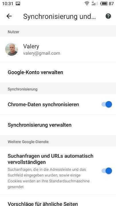 Google Chrome App. Chrome-Synchronisierung