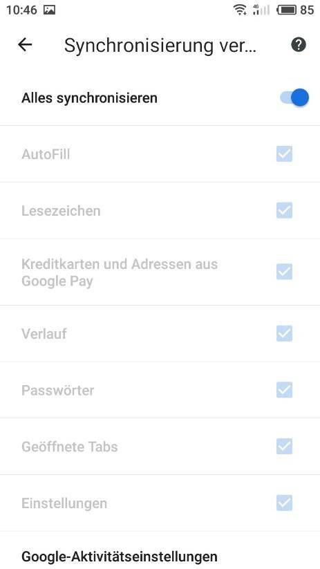 Google Chrome App. Synchronisierungseinstellungen 