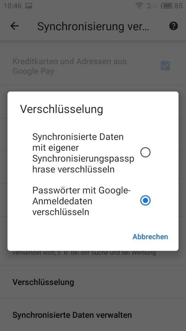 Google Chrome App. Passwörter mit den Google-Anmeldedaten verschlüsseln