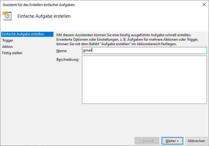 Geben Sie den Namen der Aufgabe an und klicken Sie auf die Schaltfläche «Weiter»