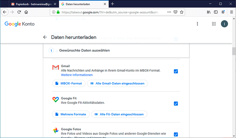 Google Takeout. Daten herunterladen