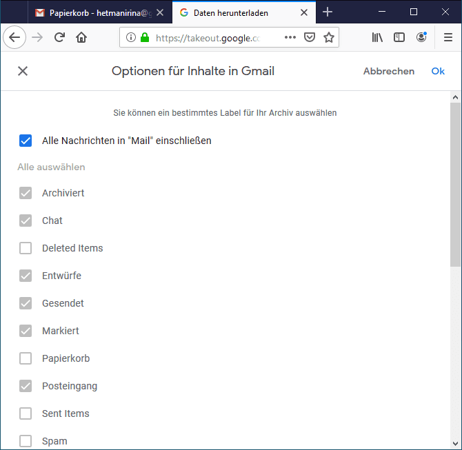 Google Takeout. Optonen fur inhalte in Gmail
