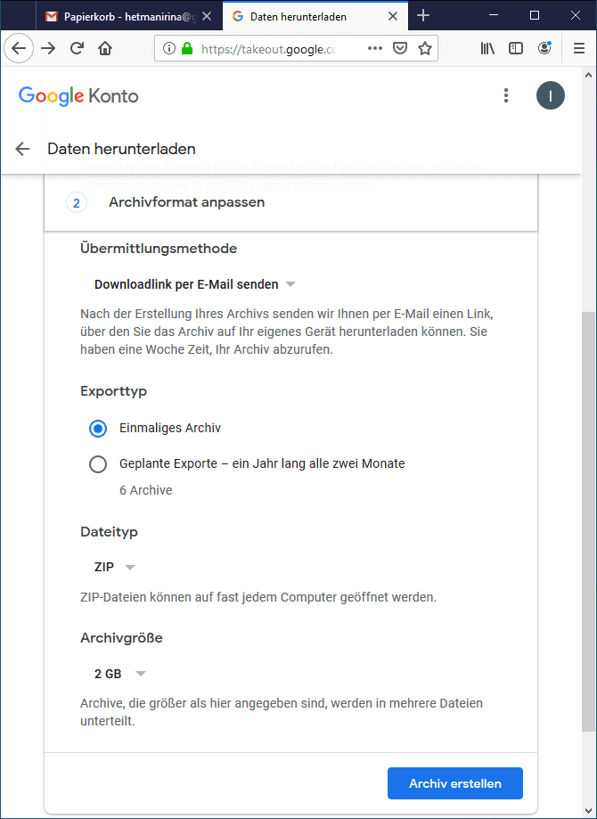 Google Takeout. Archivformat
