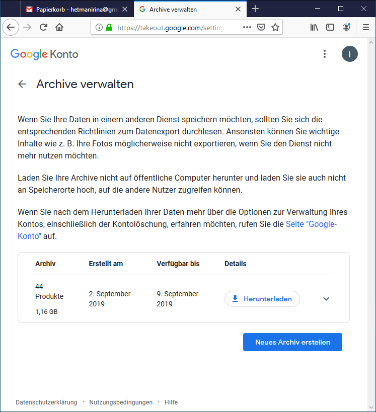 Google Takeout. Archiv erstellen