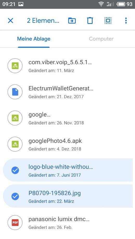 Google Drive-App. Wählen Sie alle Dateien aus