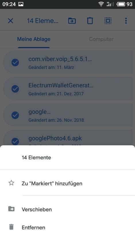 Google Drive-App. Wenn die erforderlichen Dateien markiert sind, klicken Sie in der Symbolleiste