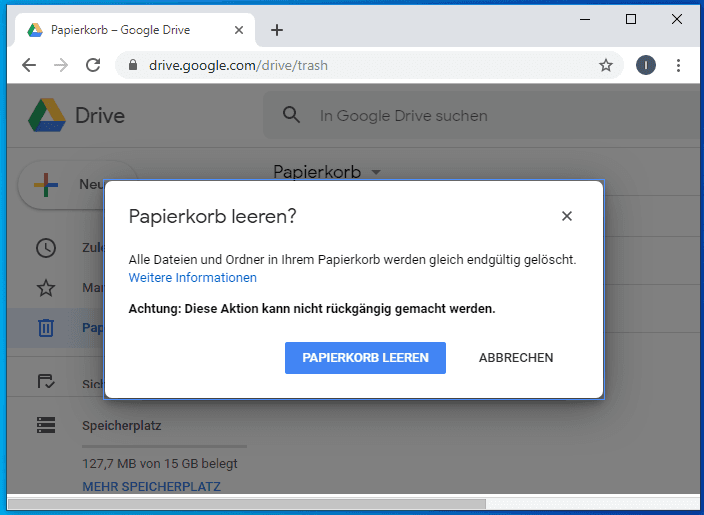 Google Drive-App. Papierkorb leeren