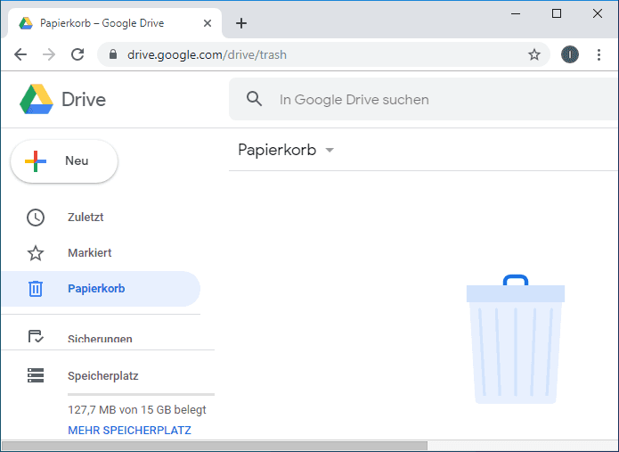 Google Drive-App. Papierkorb 
