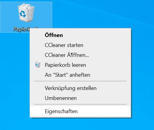 Windows-Papierkorb / Eigenschaften