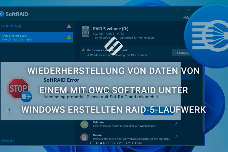 Wiederherstellung von Daten von einem mit OWC SoftRAID unter Windows erstellten RAID‑5‑Laufwerk