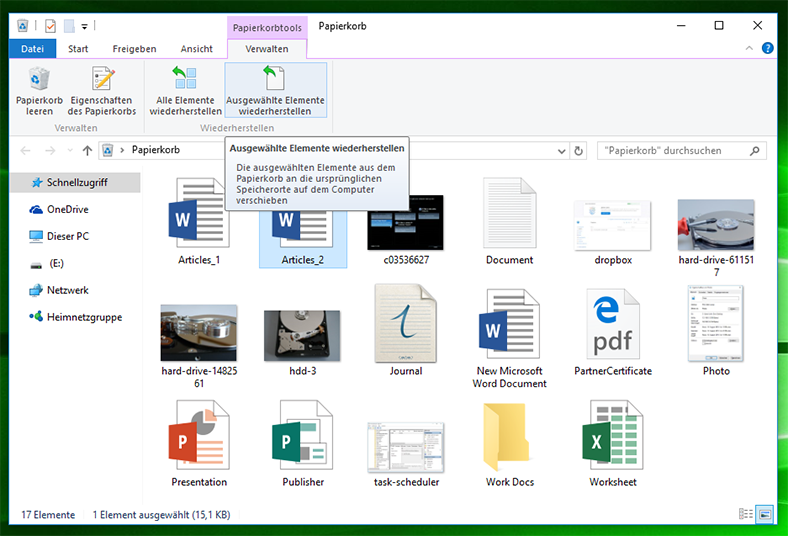 Wiederherstellen von Dateien aus dem Papierkorb Windows 10 über das Menüfenster