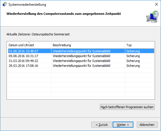 Systemwiederherstellungs-Assistent in Windows 10