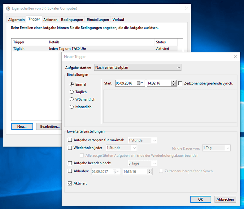 Zeitparameter für Wiederherstellungspunkt in Windows 10