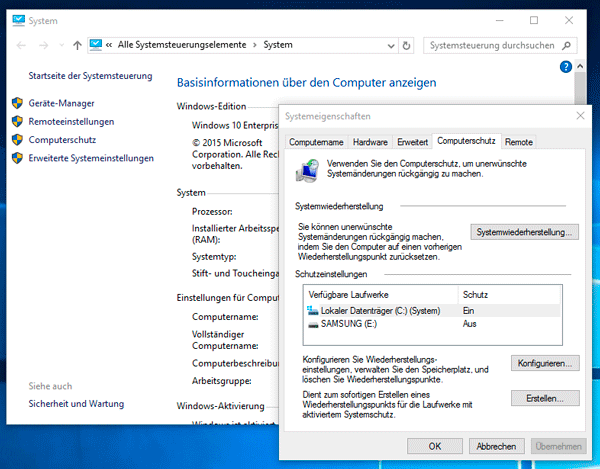 System-Eigenschaften in Windows 10