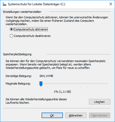 Löschen Sie alle Wiederherstellungspunkte für dieses Laufwerk in Windows 10