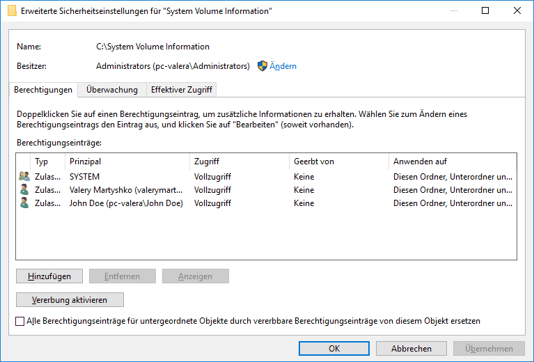 Rechte für den Zugriff auf den Ordner System Volume Information in Windows 10