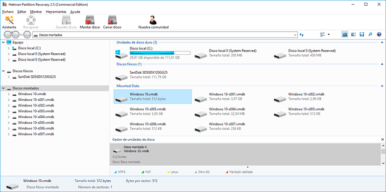 Hetman Partition Recovery. Section «Mounted Disks» containing the list of mounted virtual disks will appear in the window