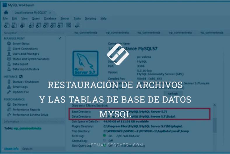 Restauración de archivos y las tablas de base de datos MySQL