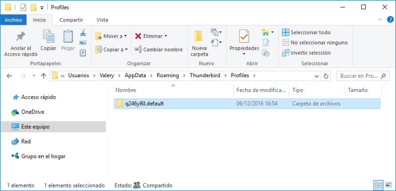 Folder containing your Thunderbird user profile C:UsersNombre de usuarioAppDataRoamingThunderbirdProfiles