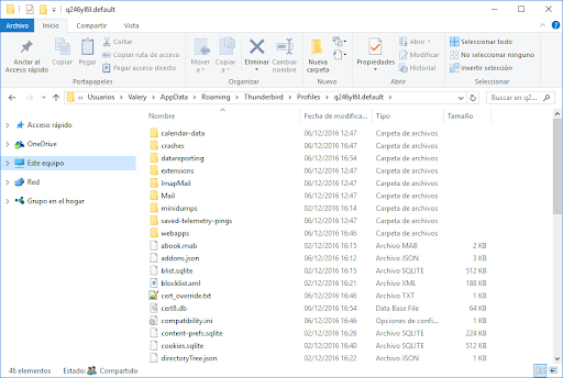 A Thunderbird user profile contains a certain list of files and folders C:Users
ombre de usuarioAppDataRoamingThunderbirdProfiles