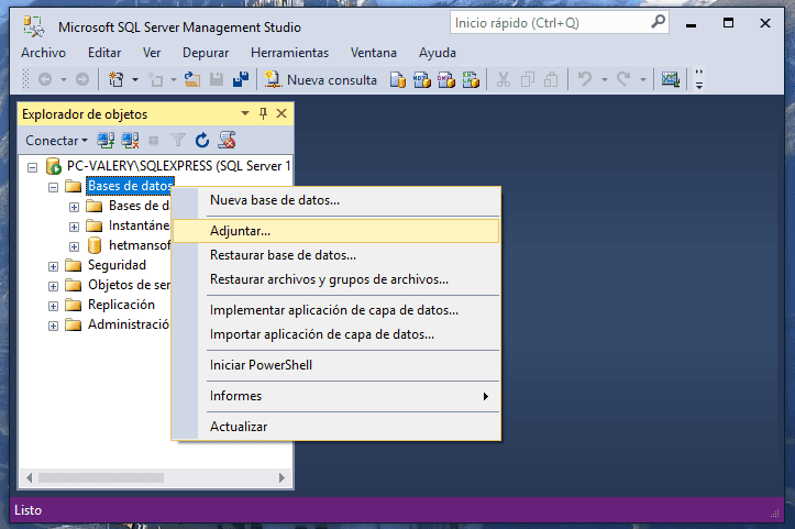 Microsoft SQL Server Management Studio. «Adjuntar...»