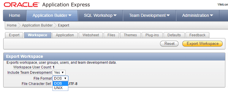 Oracle Application Express. Export Workspace