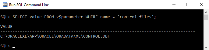 SQL Command Line. SELECT value FROM v$parameter WHERE name = 'control_files'