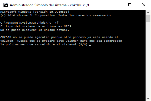 Verifique el disco con Windows, buscando la presencia de errores con el comando chkdsk c: /f